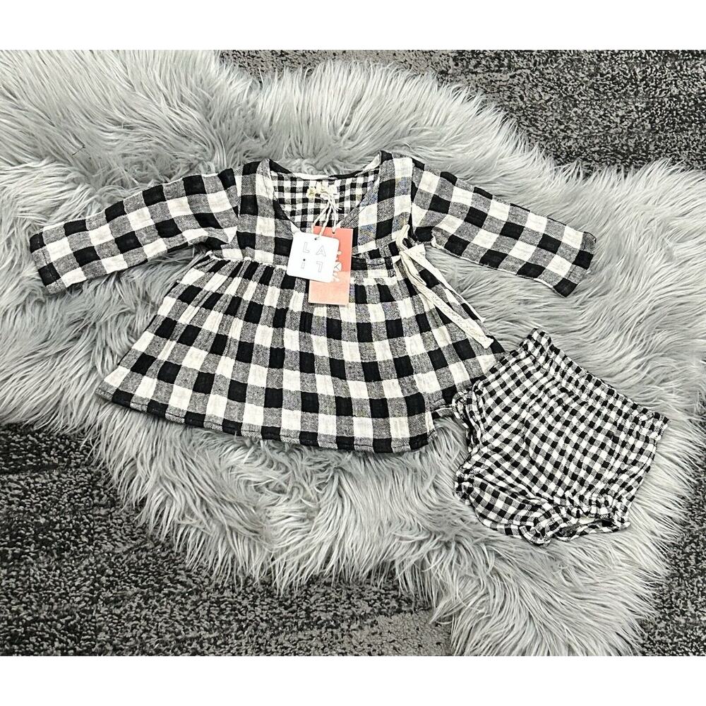 LALI Cleo Black Checkered Cotton Muslin Designed Dress And Bloomer Set 12M ($56)